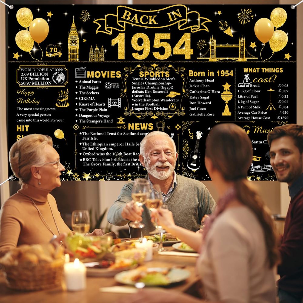 70th Birthday Decorations Black Gold, Back in 1954 Poster UK Happy 70th Birthday Decorations, Large Back in 1954 Backdrop Banner, 70 Years Anniversary Home Decor for Women Men - Image 2
