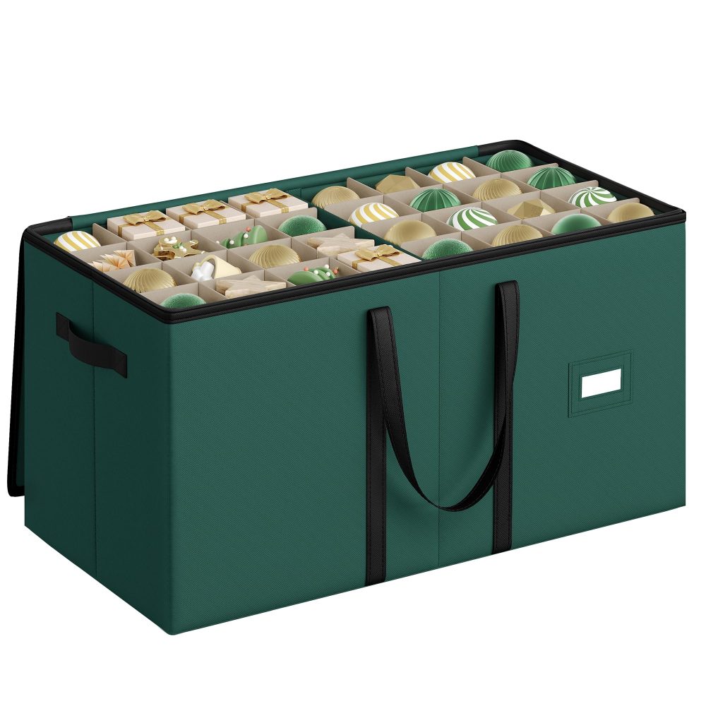 SONGMICS Christmas Decoration Storage Box, 7.6 cm 128 Slots, Stackable Christmas Bauble Storage Box with Lid, Dual Zippers, Adjustable Dividers, Non-Woven Fabric, Forest Green RFB039C01