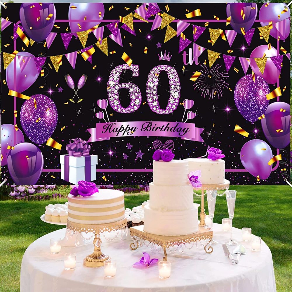 RUMIA Purple 60th Birthday Decor Banner Purple Black Gold Happy Birthday Sign Large Shiny Purple Black 60th Birthday Backdrop Background Photo Booth Women 60th Birthday Anniversary Party Supplies - Image 4