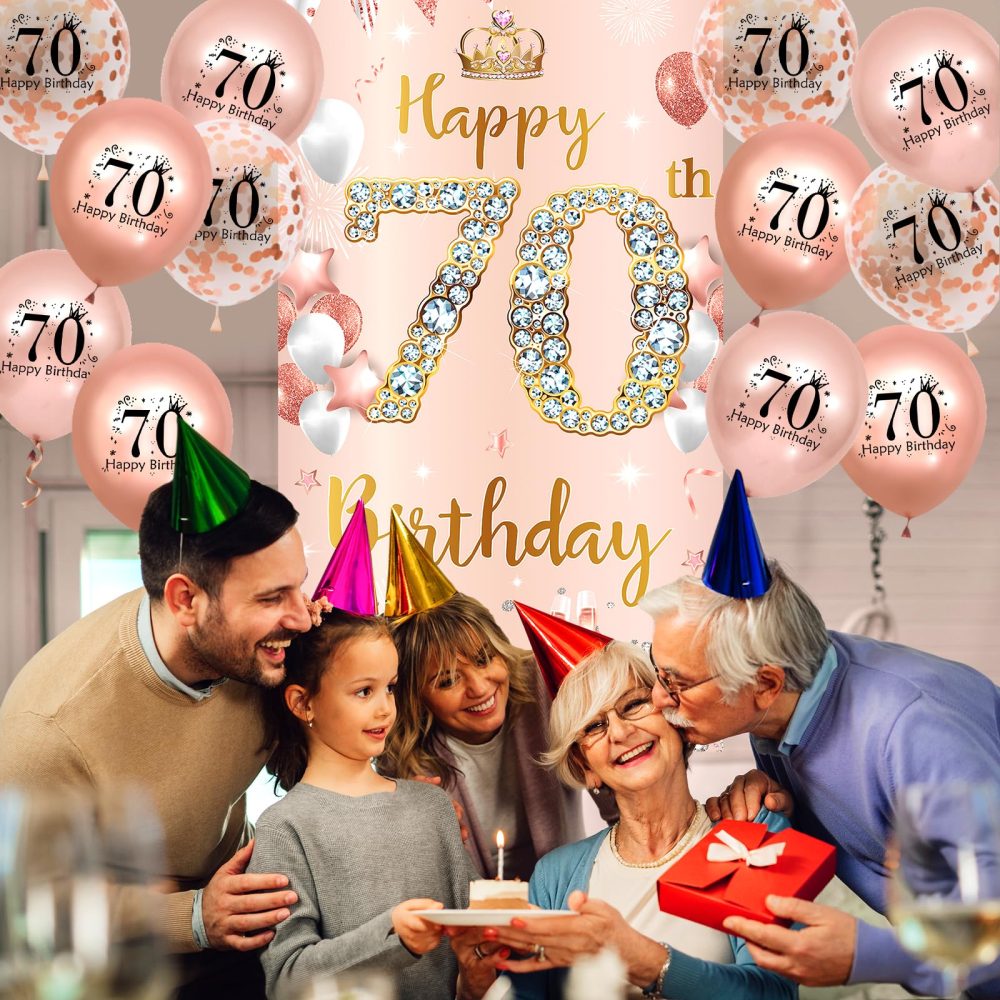 Rose Gold 70th Birthday Decorations Banner for Women, Happy 70th Birthday Door Banner with 18pcs 70th Balloons for Women 70th Birthday Anniversary Party Backdrop Decor Supplies Sign Porch Background - Image 4