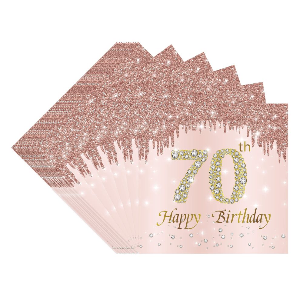 TOPWAYS Rose Gold 70th Birthday Decorations Paper Napkins, 40pcs Disposable Paper Birthday Napkins Table Decoration for Girl Women Her 70 Birthday Party (Napkins Birthday 70)
