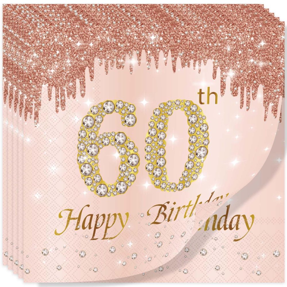 Rose Gold Happy 60th Birthday Napkins, Women 60th Birthday 20Pcs Party Paper Napkins Disposable,Her 60th Birthday Gifts Party Supplies,Tableware Decorations ,Birthday Serviettes Tissue Luncheon Dinner - Image 2
