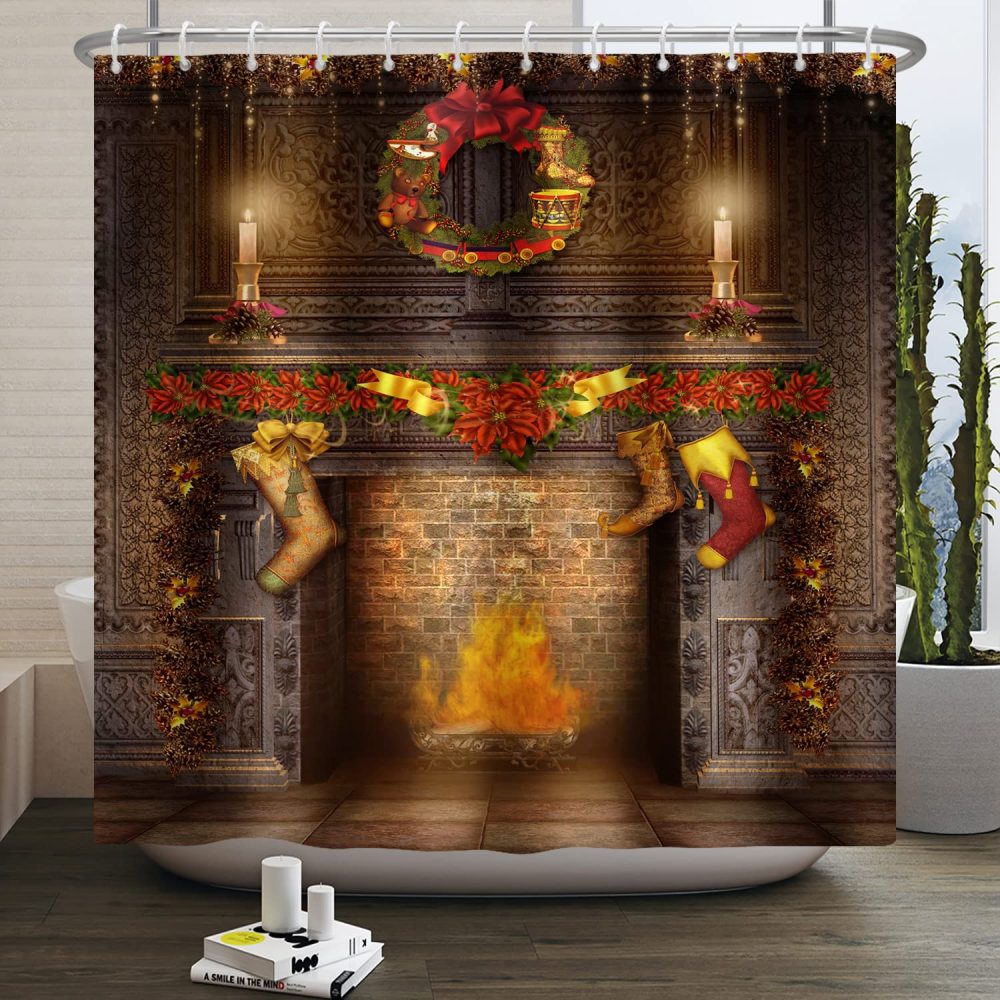 SDOTPMT 165x183cm Christmas Fireplace Shower Curtain Merry Christmas Exquisite Socks Gift Bath Curtain Vintage Brown Brick Wall Winter Holiday Curtain for Bathroom Fabric Polyester with Hooks - Image 5