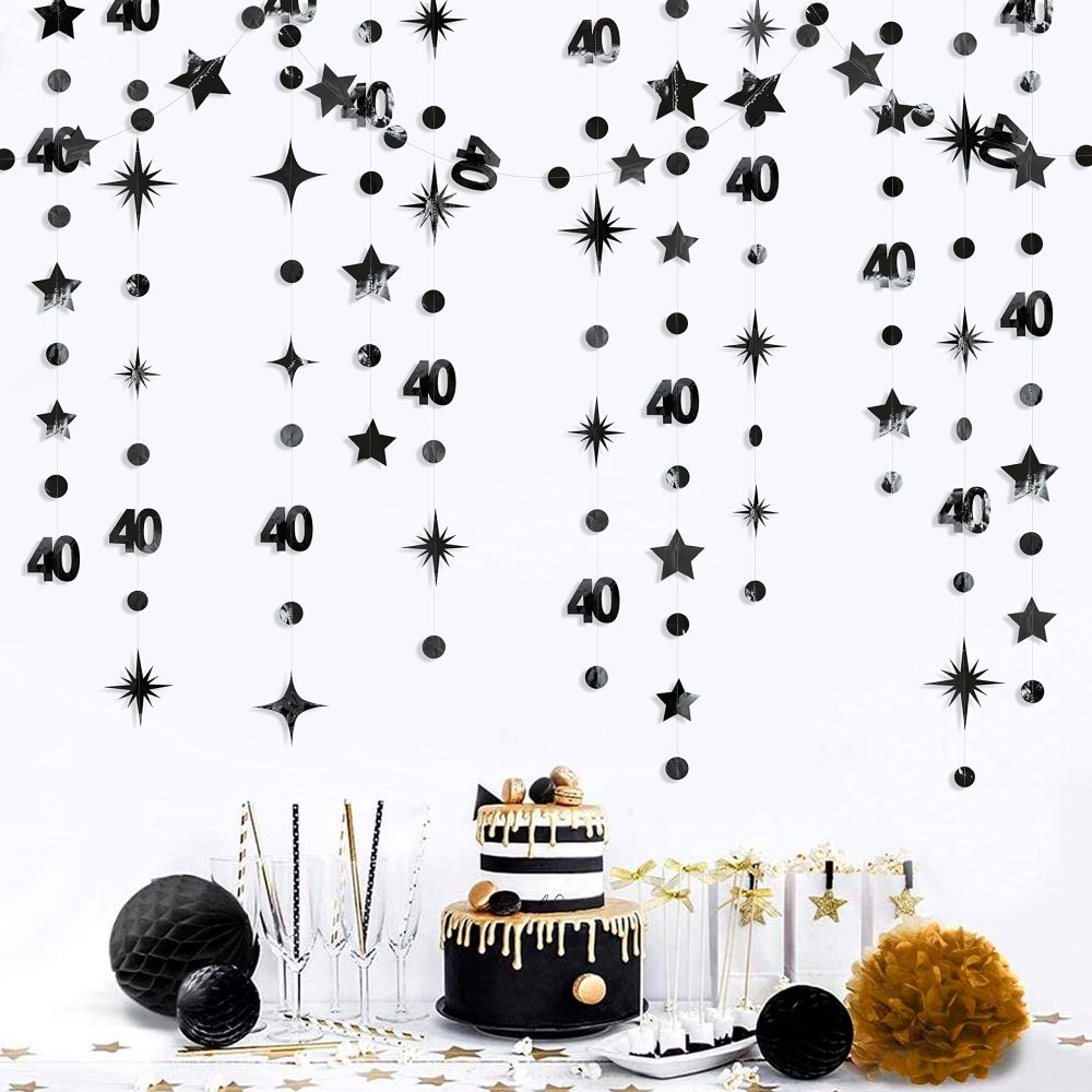 Black 40th Birthday Decorations Number 40 Circle Dot Twinkle Star Garland Metallic Hanging Streamer Bunting Banner Backdrop for Women Mens 40 Year Old Birthday Forty Anniversary Party Supplies - Image 4