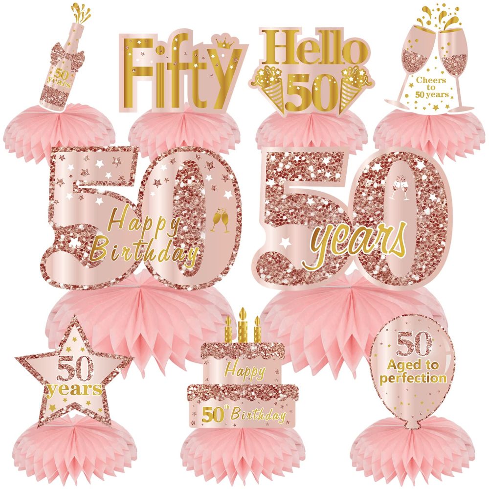 Turypaty Pink Rose Gold 50th Birthday Honeycomb Centerpieces Decorations for Women, 9Pcs Rose Gold Happy 50th Birthday Table Centerpieces Party Supplies, Fifty Year Old Birthday Table Toppers