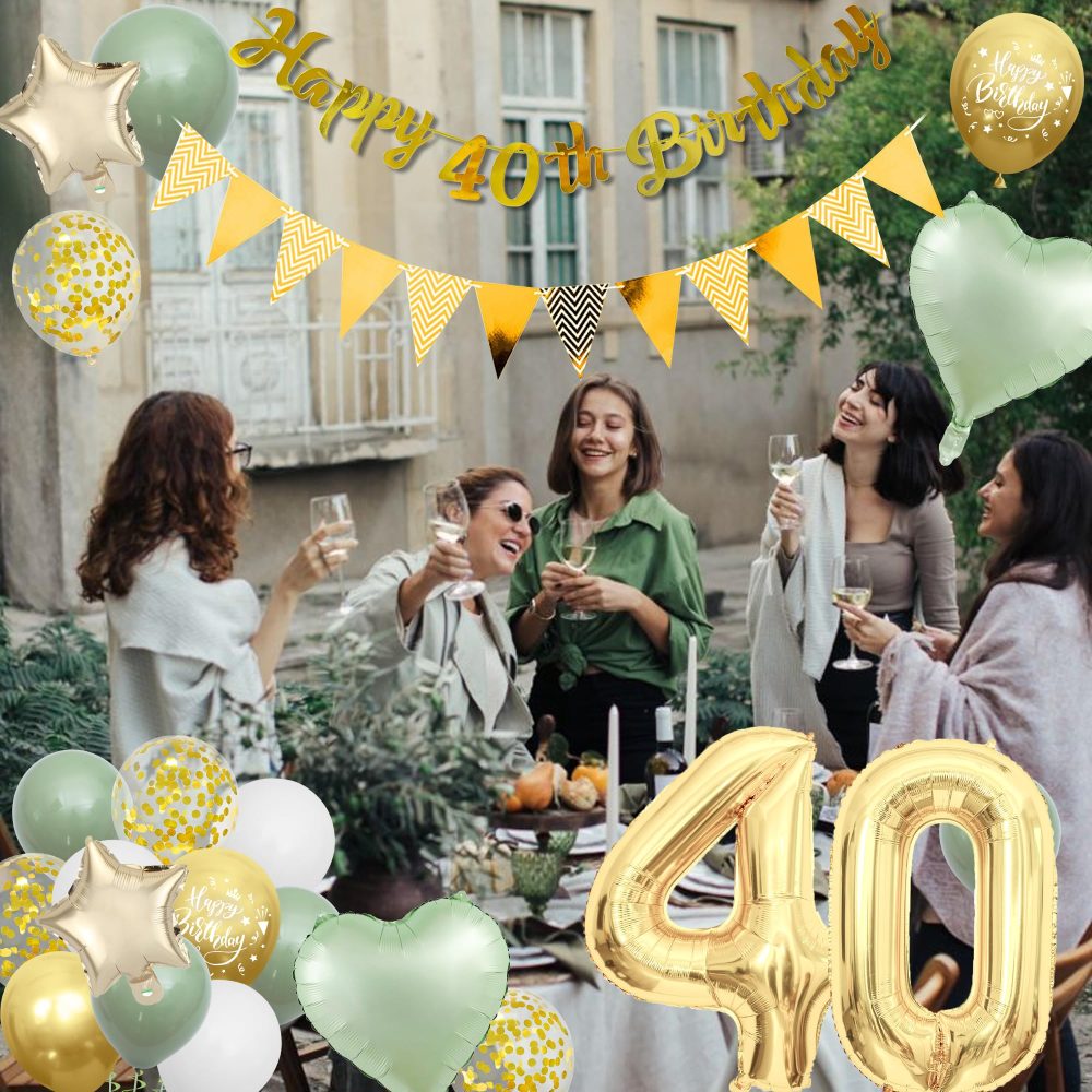 40th Birthday Decorations Women Men - Green Gold Birthday Party Decoration Balloons Set With Banners Paper Pom Confetti Latex Balloon Happy 40th Birthday Cake Toppers for 40 Years Birthday Supplies - Image 2