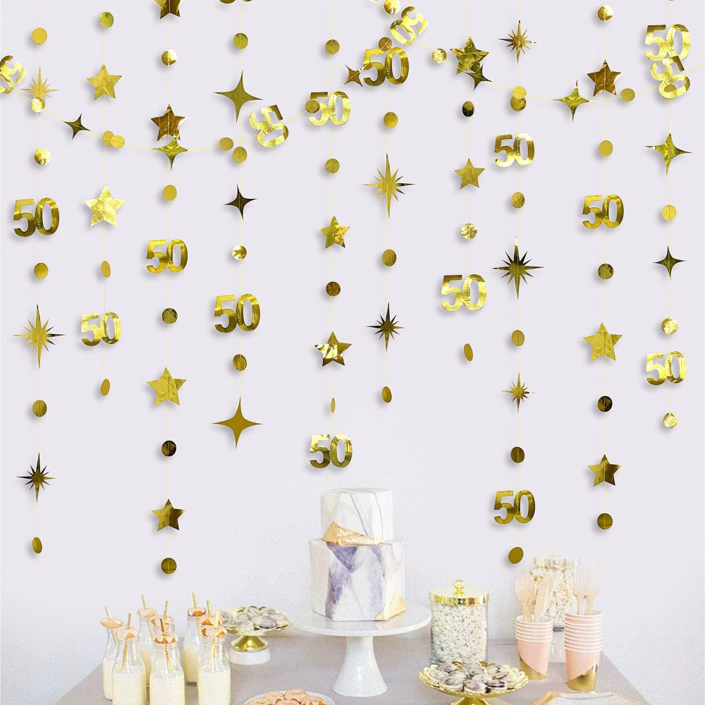 Gold 50th Birthday Decorations Number 50 Circle Dot Twinkle Star Garland Metallic Hanging Bunting Banner Streamer Backdrop for 50 Year Old Happy Birthday 50th Anniversary Fiftieth Party Decor Supplies - Image 4