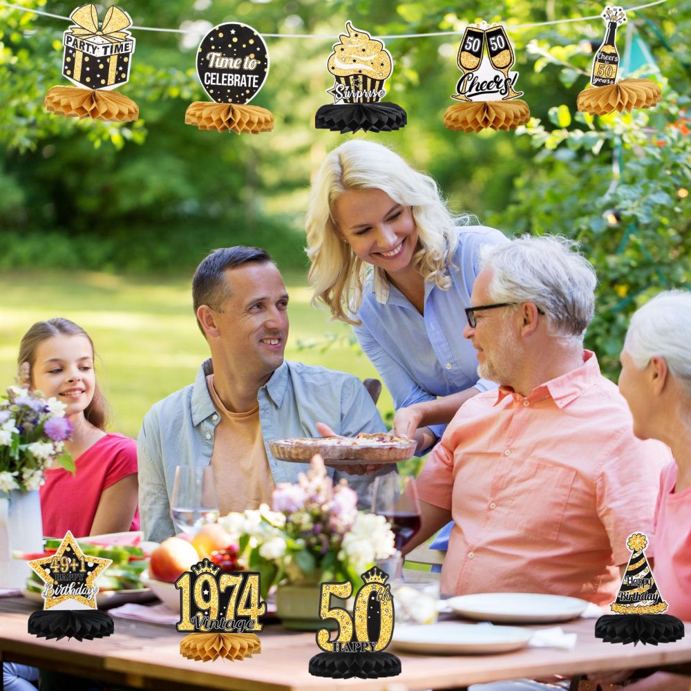 Radsocken 9Pcs 50th Birthday Honeycomb Centerpieces Decorations with String Lights for Women,Gold Black1974 Years Happy Birthday Table Topper 50th Birthday Gifts for Women Men Party Supplies - Image 2