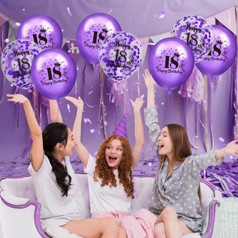 18th Birthday Balloons 18Pcs Purple Happy 18th Birthday Balloons Confetti Balloons Purple 18th Birthday Party Decorations Balloons for Girls Boys 18th Anniversary Birthday Decor Supplies 12 inches - Image 3