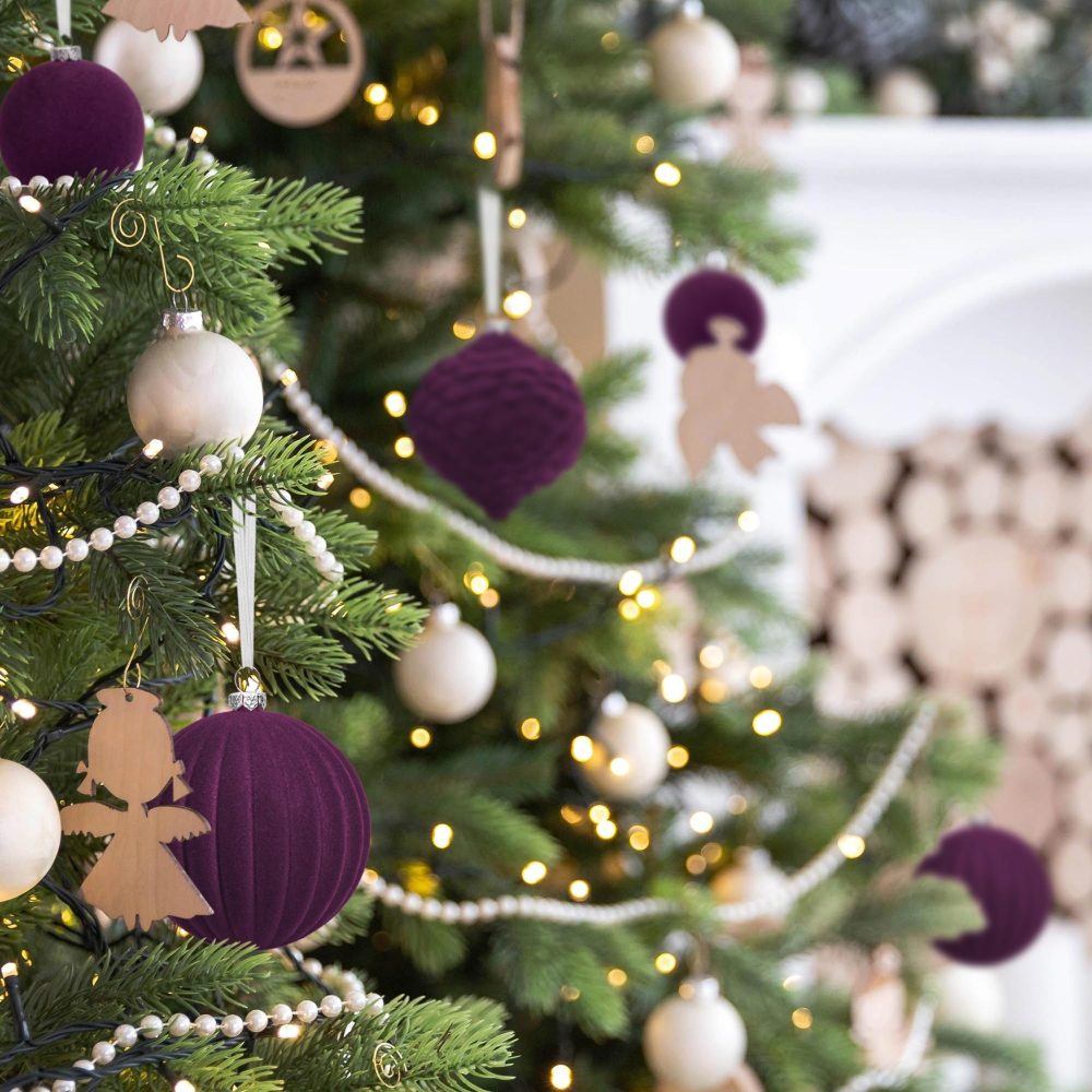 KI Store Magenta Purple Velvet Christmas Baubles 25pcs Shatterproof Flocked Christmas Tree Ornaments 80mm 60mm Assorted for Xmas Tree Decorations - Image 6