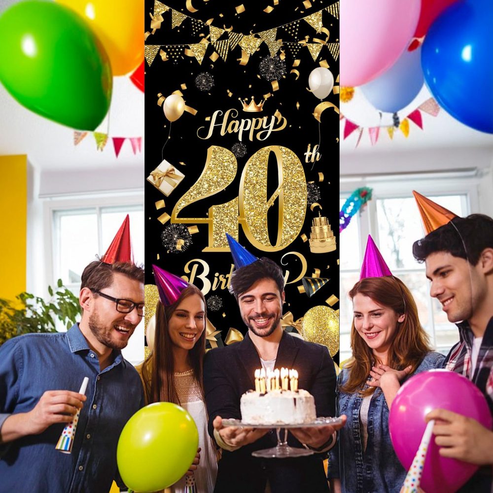 40th Birthday Door Banner,Black Gold 40th Birthday Decorations,Happy 40th Birthday Party Backdrop Banner,40th Birthday Door Hanging Banner for Women Men Birthday Party Photo Booth Supplies(90*185cm) - Image 3