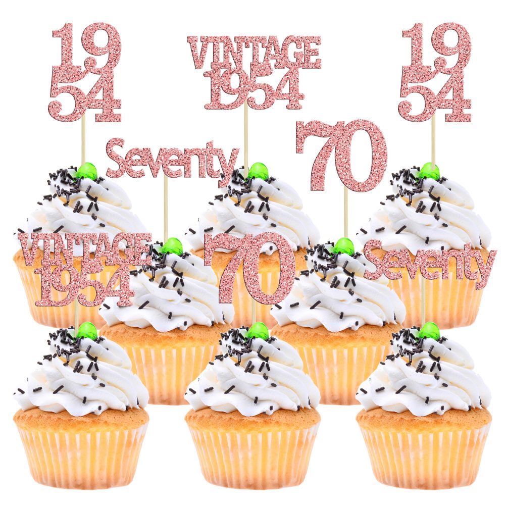 Gyufise 24Pcs 70th Birthday Cupcake Toppers Glitter Cheers to 70 Fabulous Seventy Vintage 1954 Cupcake Picks 70th Birthday Wedding Anniversary Party Cake Decorations Supplies Rose Gold