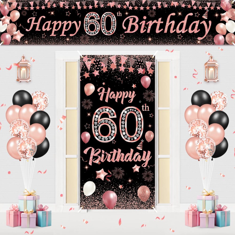 60th Birthday Decorations Banner for Women, Black Rose Gold 60th Birthday Banner with 60th Birthday Door Cover Porch Banner Sign for 60th Birthday Anniversary Party Supplies Indoor Outdoor Decor - Image 7