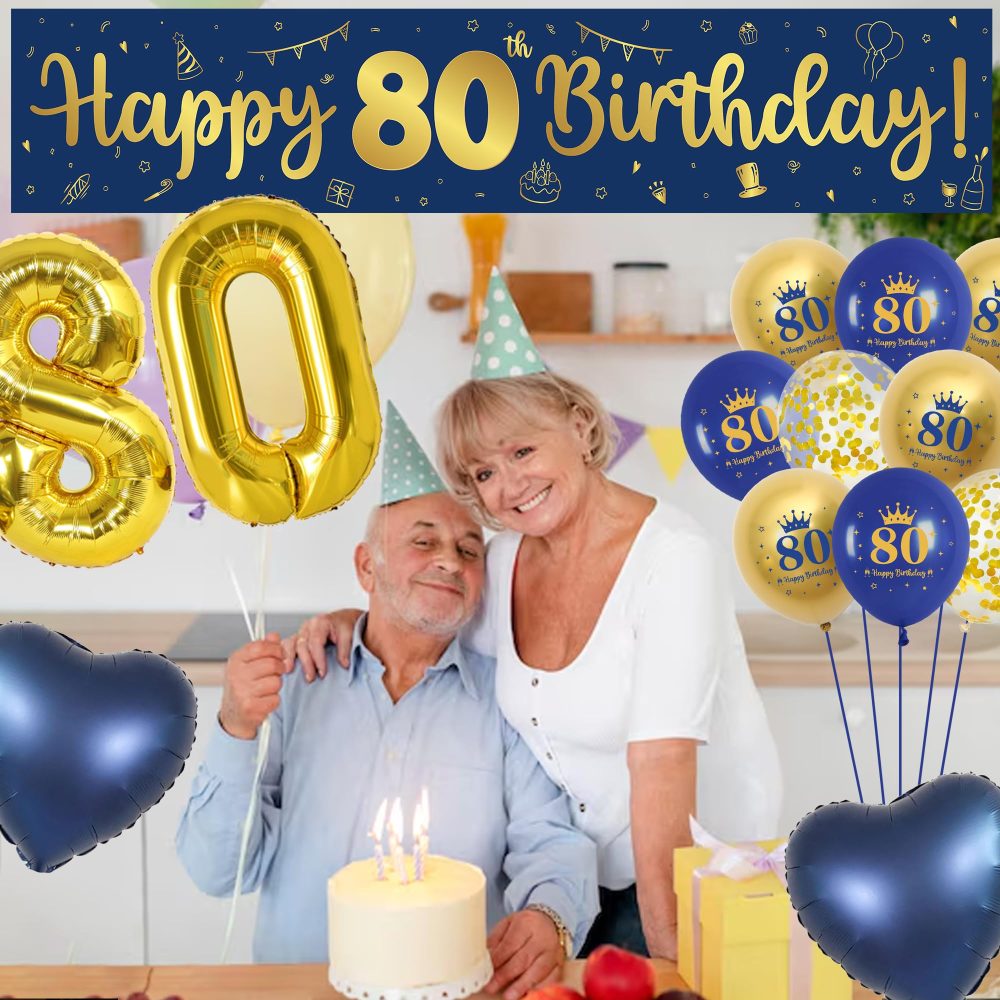 80th Birthday Decorations Men Navy - 47 Pieces Navy Blue Gold 80th Birthday Party Decor, Happy Birthday Banners, Number 80 Balloon, Cake Topper, Love Foil Balloons for Mens 80 Birthday Supplies - Image 3