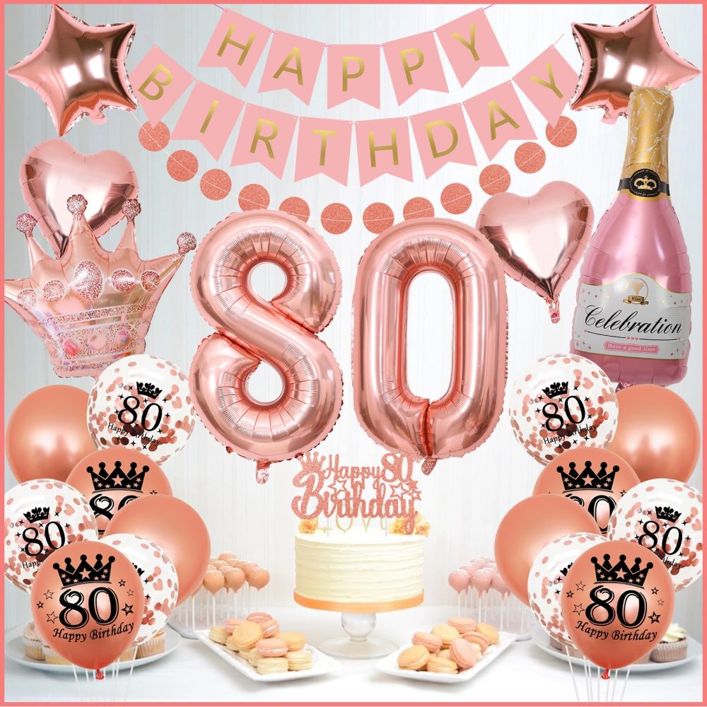 80th Birthday Decorations, 80th Birthday Decorations for Women, WKxinxuan 80th Birthday Banner 80 Balloons 80th Cake Topper 80th Sash Champagne Crown Foil Balloon for Her - Image 3