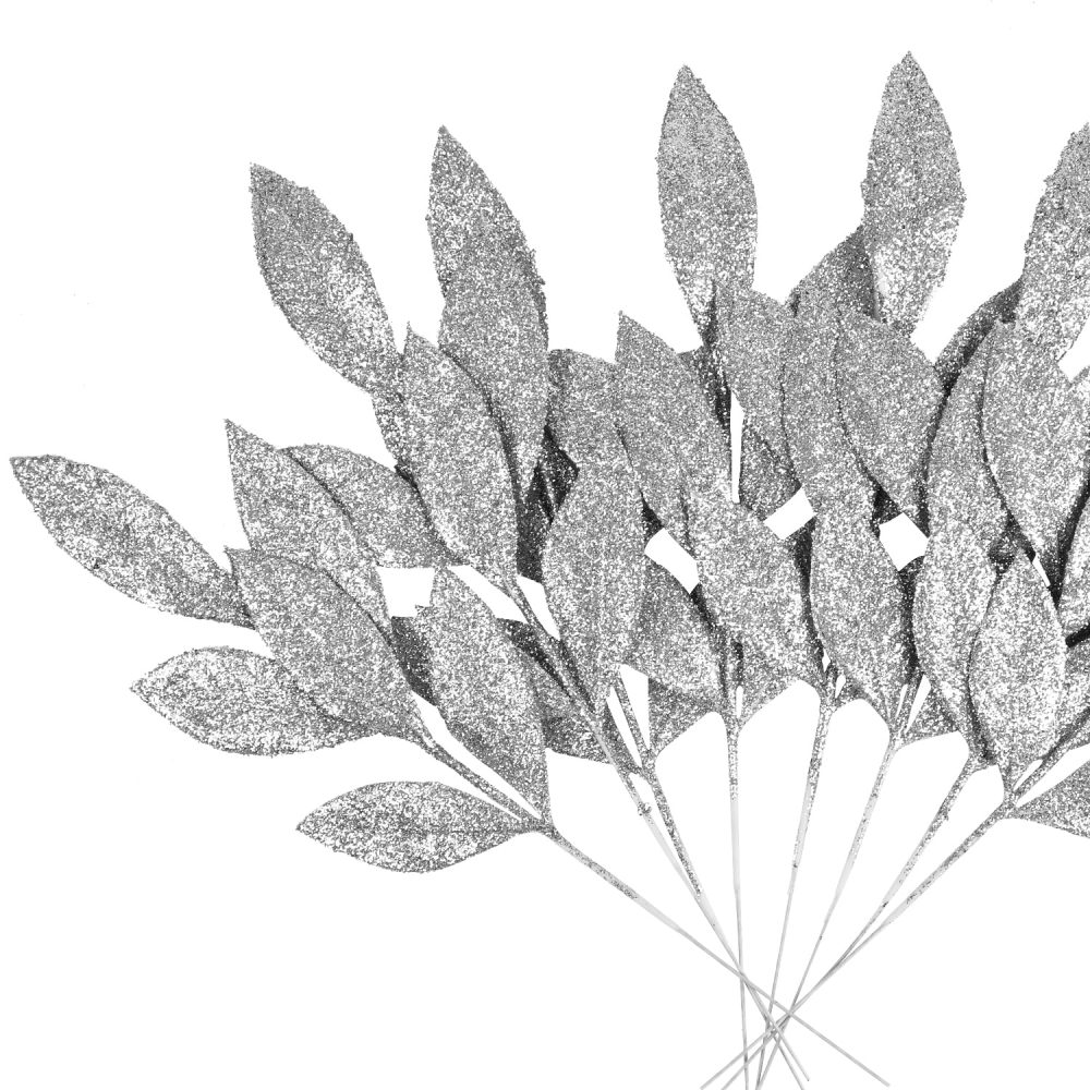 VEYLIN Christmas Glitter Bay Leaf, 12Pcs Artificial Christmas Tree Picks Sprays for Christmas Tree Wreath Floral Wedding Bouquet Decoration(Silver) - Image 4