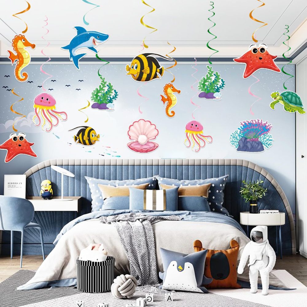 Under The Sea Party Decorations 36PCS Kids Party Hanging Decorations Beach Themed Party Decor Room Ceiling Fish Hanging Swirls Streamers Marine Animals Party Kids Birthday Baby Shower Party Decor - Image 6