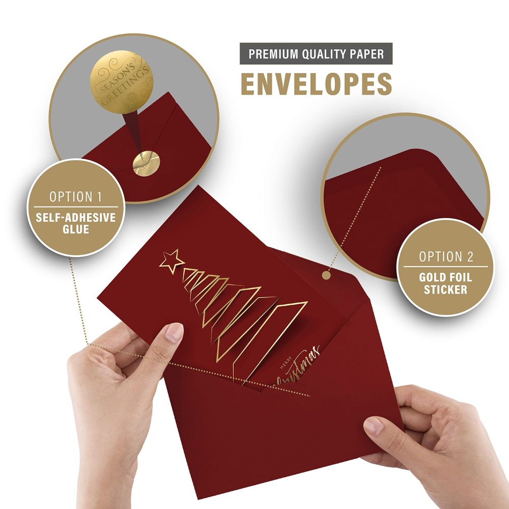 easykart labels 20 Christmas Greeting Cards with Gold Foiling Xmas Tree, Dark Red Self Paper with Red Envelope,6.75 x 4.5 Inch Merry Christmas Cards with Seal Stickers - Image 2
