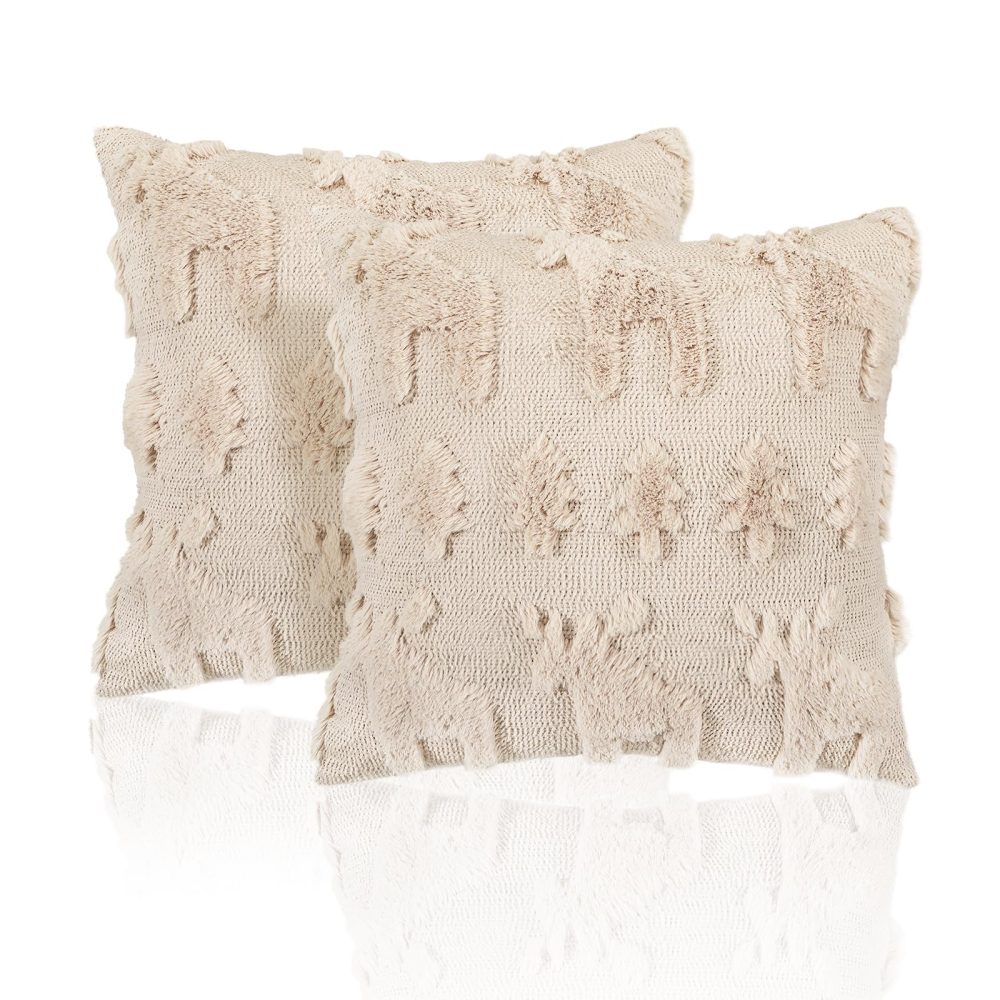 Lewondr Christmas Throw Pillow Cover 18x18, Set of 2 Super Soft Faux Fur Pillow Covers Velvet 3D Christmas Tree Reindeer Embroidery Square Throw Pillowcase for Living Room Bed Sofa Home Decor, Oatmeal - Image 3