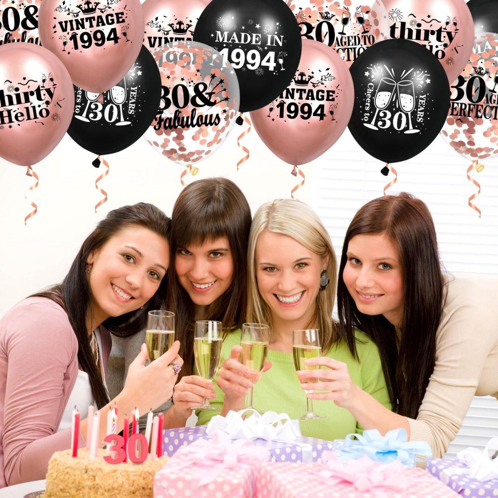 30th Birthday Balloons for Women 18Pcs Rose Gold Black 1994 Balloons 30th Birthday Party Decorations 12 inch Vintage Latex Balloons Party Supplies for 30th Birthday Anniversary Party - Image 4