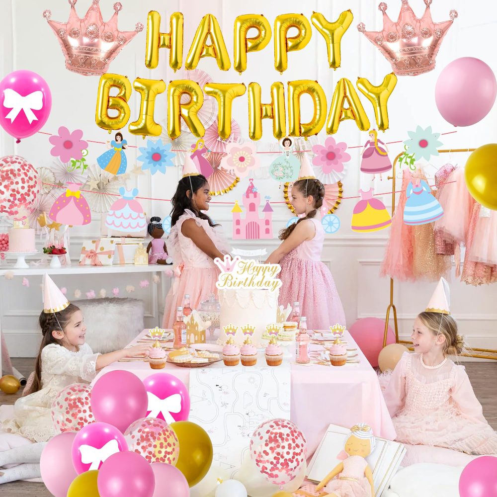 Princess Party Decorations - Princess Party Supplies Set Includes Banners Crown Balloons Latex Balloons Sash Crown Cake Topper Cupcake Toppers Suitable for Girls Birthday Decorations - Image 3