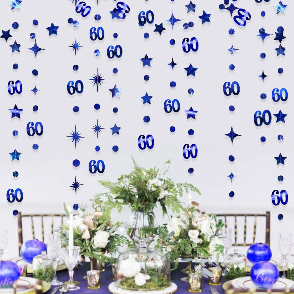 Navy Blue 60th Birthday Decorations Number 60 Circle Dot Twinkle Star Garland Metallic Hanging Streamer Bunting Banner Backdrop for 60 Year Old Happy Birthday 60th Anniversary Sixty Party Supplies - Image 2