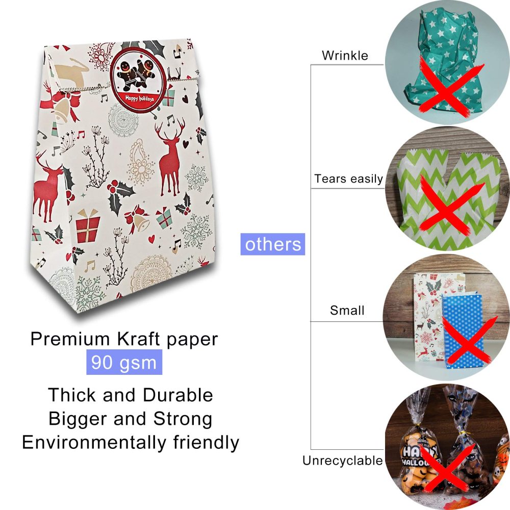 30 Pcs Christmas Paper Bags,Flat Bottom Party Bags,6 Christmas Elements Themed Design with 30 Pcs Stickers for Xmas Party, Birthday and Classroom - Image 6