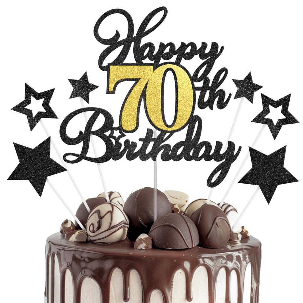 Happy Birthday Cake Topper 70, Seventy Birthday Decorations Black Gold Glitter 70th Birthday Cake Decor with Star Sticks Birthday Anniversary Party Supplies for Boys Girls Teens Men Women
