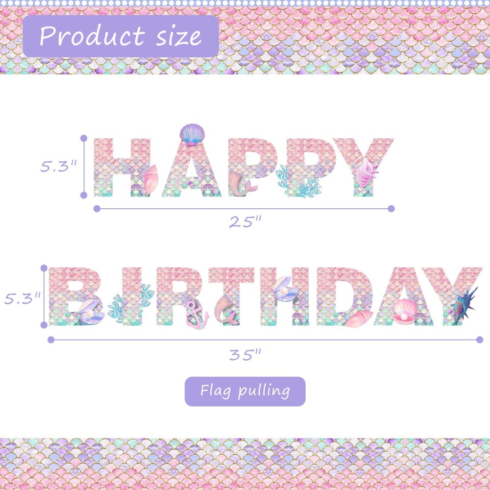 Mermaid Happy Birthday Banner, Birthday Party Decorations for Girls, Mermaid Theme Birthday Party Supplies for Home Table Outdoor - Image 6