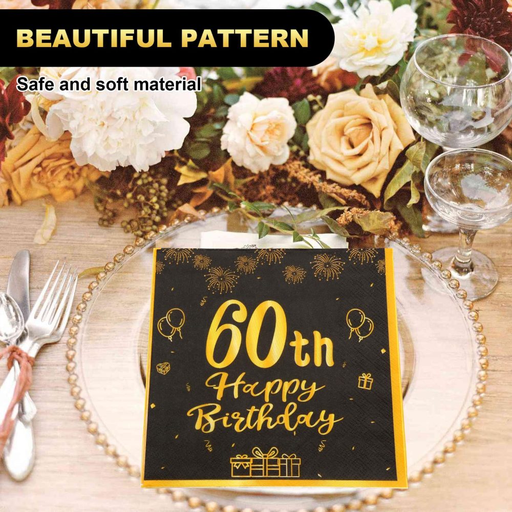 ZOCONE 60 Pcs 60th Birthday Napkins Black and Gold 60th Birthday Table Decorations for Men Women Disposable 60th Birthday Party Napkins Happy 60th Birthday Party Supplies Table Decor(60th, 60PCS) - Image 5