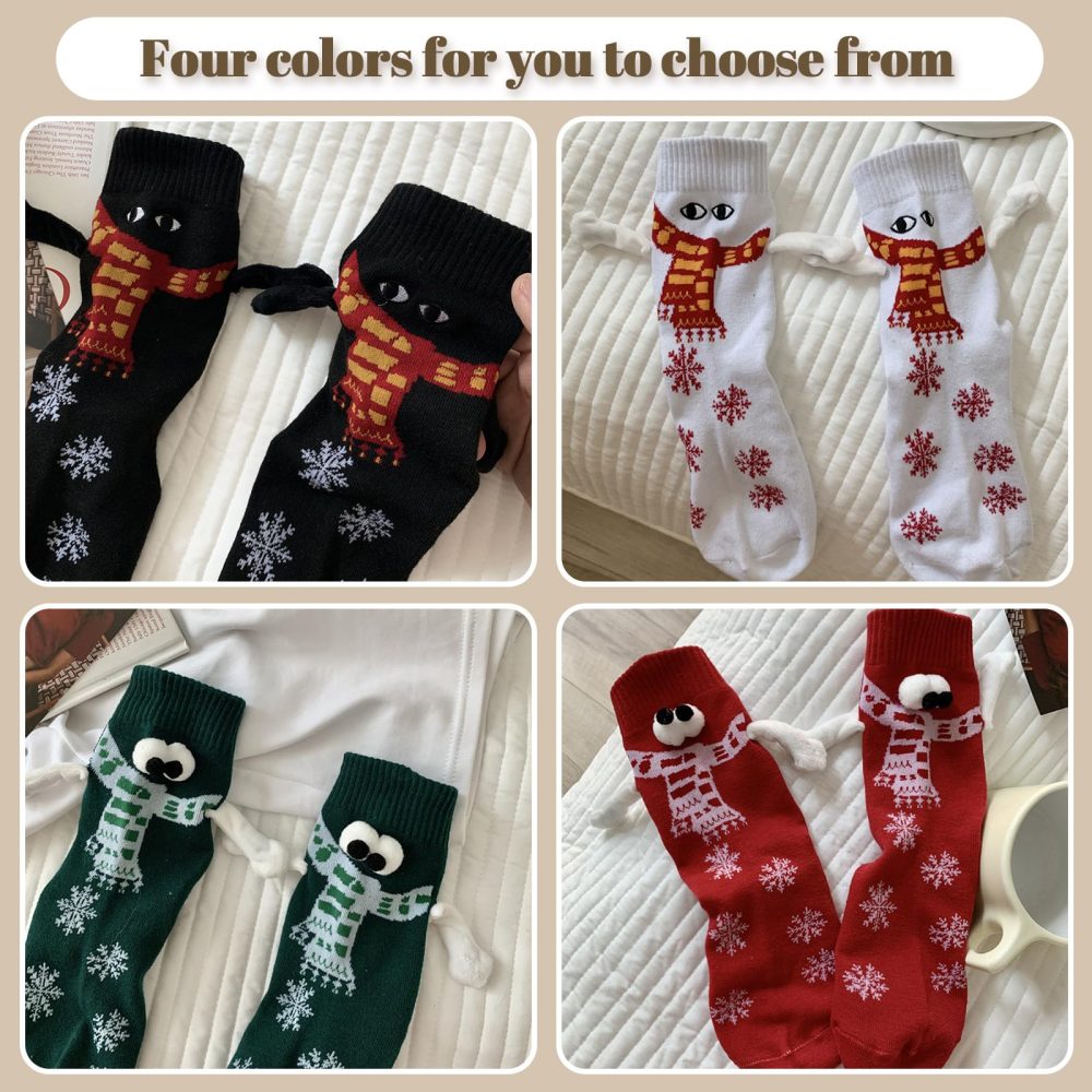 Feliciay 2 Pairs Christmas Holding Hands Socks,Cute Funny 3D Holding Hand Couple Socks,Mid Tube Magnetic Socks with Eyes,Hand in Hand Socks Friendship Socks for Women Men Gift,Christmas 2 - Image 5