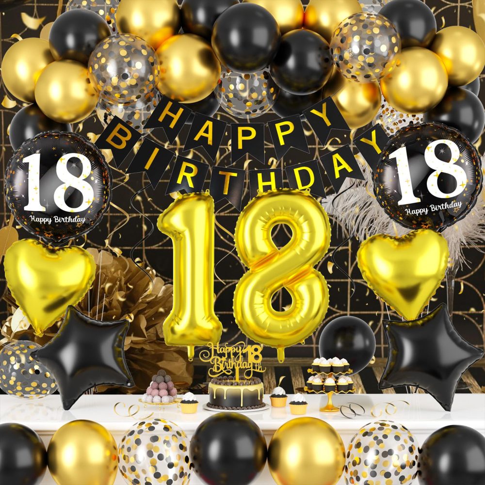 Black and Gold 18th Birthday Decorations, 18th Birthday Balloons Gold and Black 18th Party Decorations with Black Gold Balloons Happy Birthday Banner Cake Topper for Boys Girls 18th Birthday Supplies - Image 5