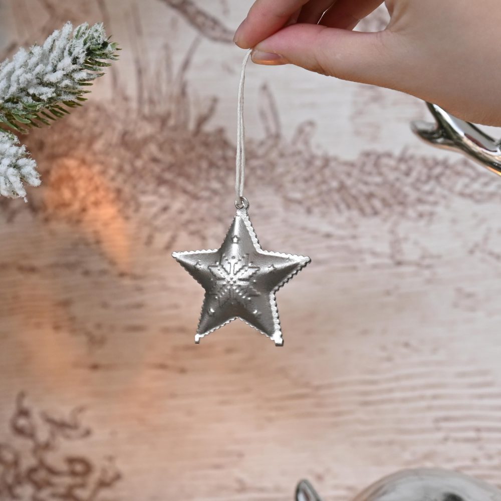 Valery Madelyn 24pcs Frozen Winter Silver and Cream Christmas Tree Decorations, Metal Christmas Jingle Bells, Xmas Hanging Pendants Ornaments with Heart-shaped, Star and Tree Patterns - Image 3