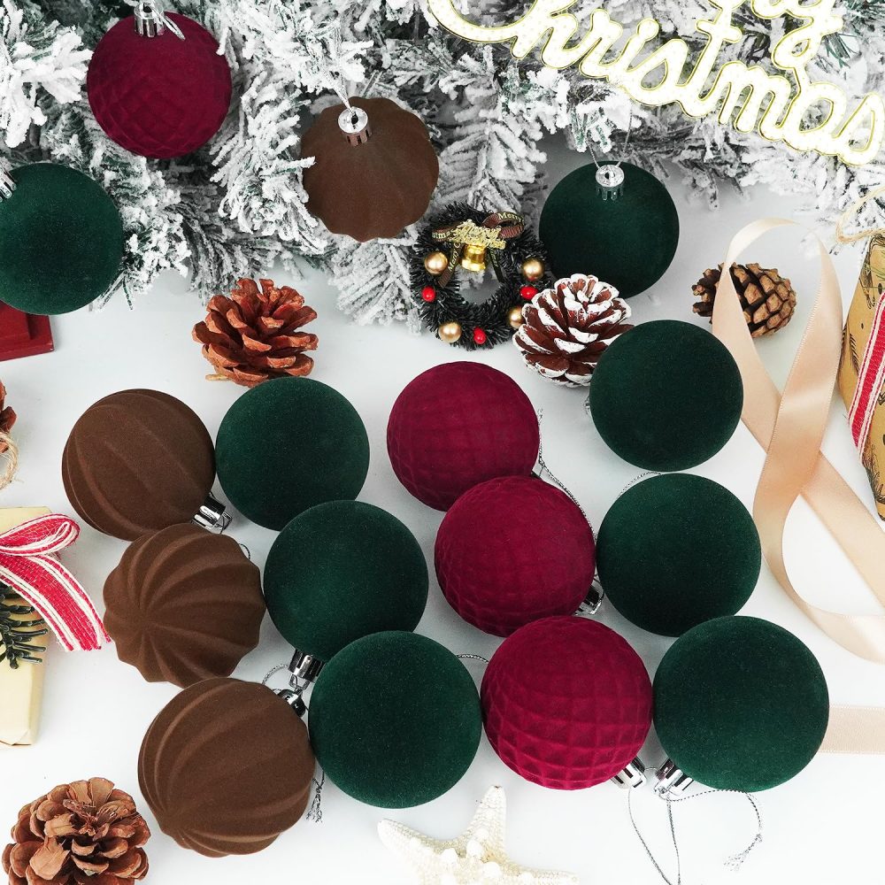Miaikoe 16 Pcs Velvet Christmas Balls Hanging Ornaments Set, Pre-tied Shatterproof Plastic Flocked Christmas Balls Xmas Decorations Festival Holiday Party Decor (Brown,Red,Green,6CM) - Image 4