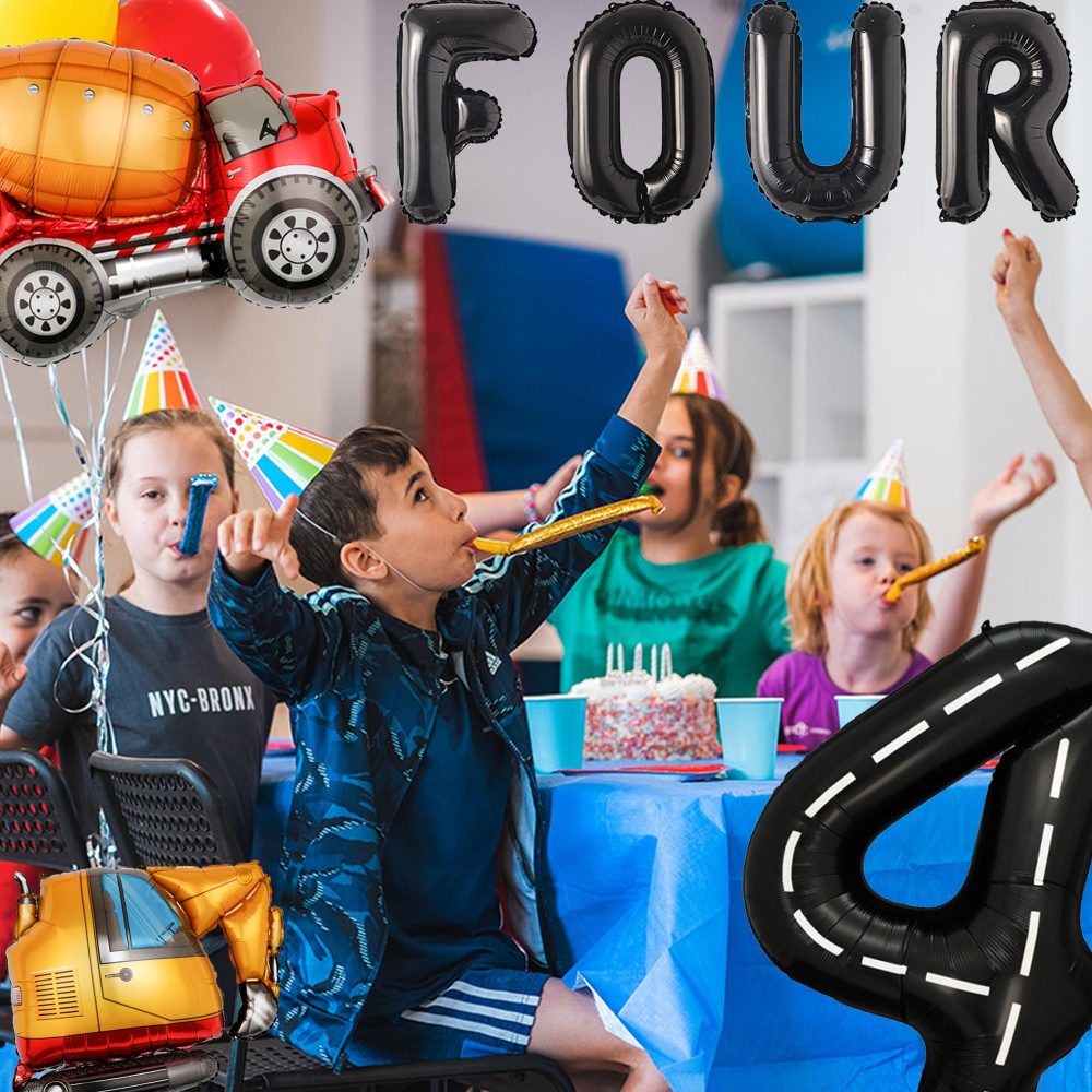4th Birthday Construction Decorations Boys - 22 Pieces Vehicle Party Decoration Black Letter Four Balloons Digger Excavator Crane Cement Truck Bulldozer Balloon for Kids 4 Year Old Party Supplies - Image 3