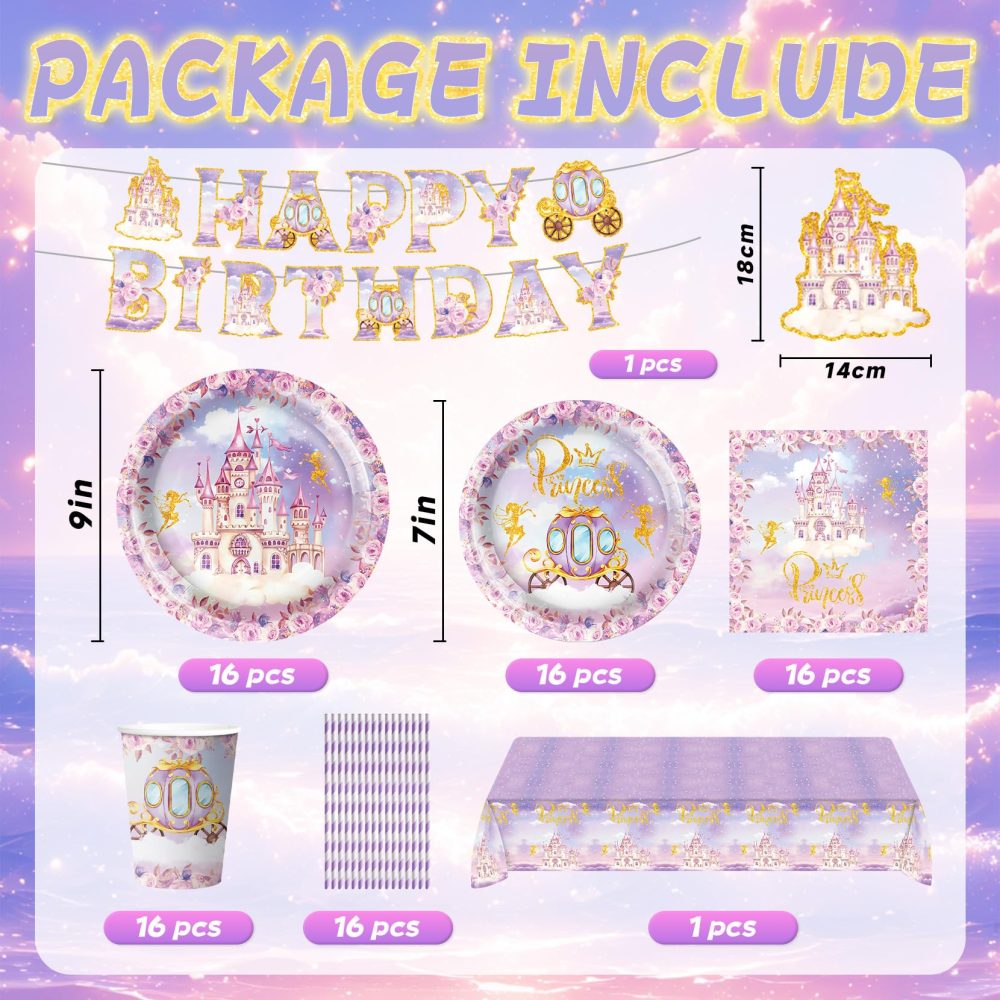 Princess Birthday Party Supplies Plates and Napkins Set for Girl, Purple Princess Castle Birthday Tableware Tablecloth for Girls Fairytale Princess Castle Theme Party Decorations, Serve 16 Guest - Image 7