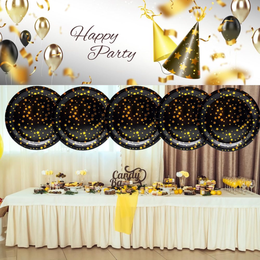 CEILIWEN Black Gold Paper Plates, 50 Pack 9 inch Birthday Decorations Paper Plates, Round Paper Plates Disposable Dinner Dishes, Black and Gold Star Plates, Party Tableware - Image 7