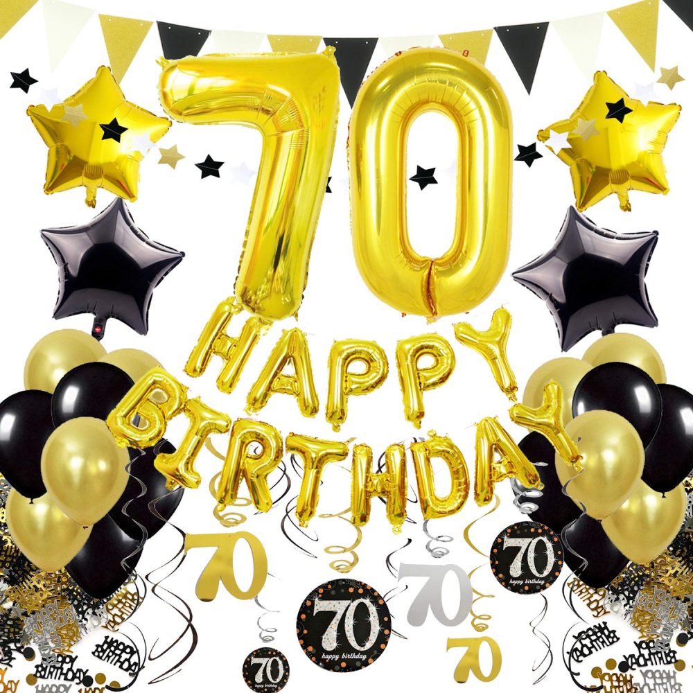 ZERODECO 70th Birthday Decorations, Black Gold Happy Birthday Balloons Number 70 Star Foil Balloons Birthday Confetti Triangular Garland Star-shaped Banner Hanging Swirls for Birthday Party Supplies