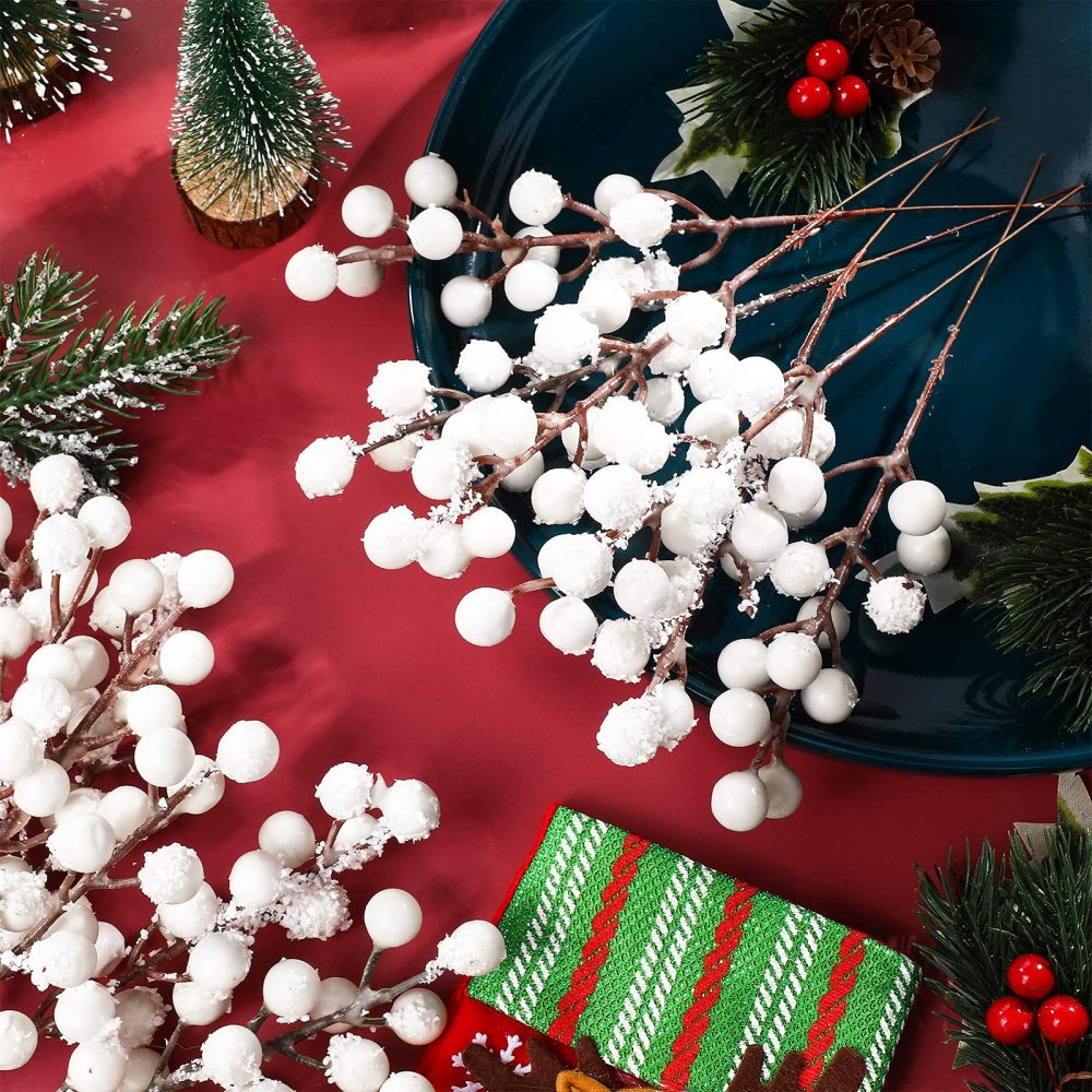 Geosar 30 Pieces Artificial Christmas Berry Picks with Snowflake Glitter Artificial Holly Berry Stems for Christmas Tree Ornaments Vases DIY Crafts Home Wedding Party Holiday Decor(White) - Image 2