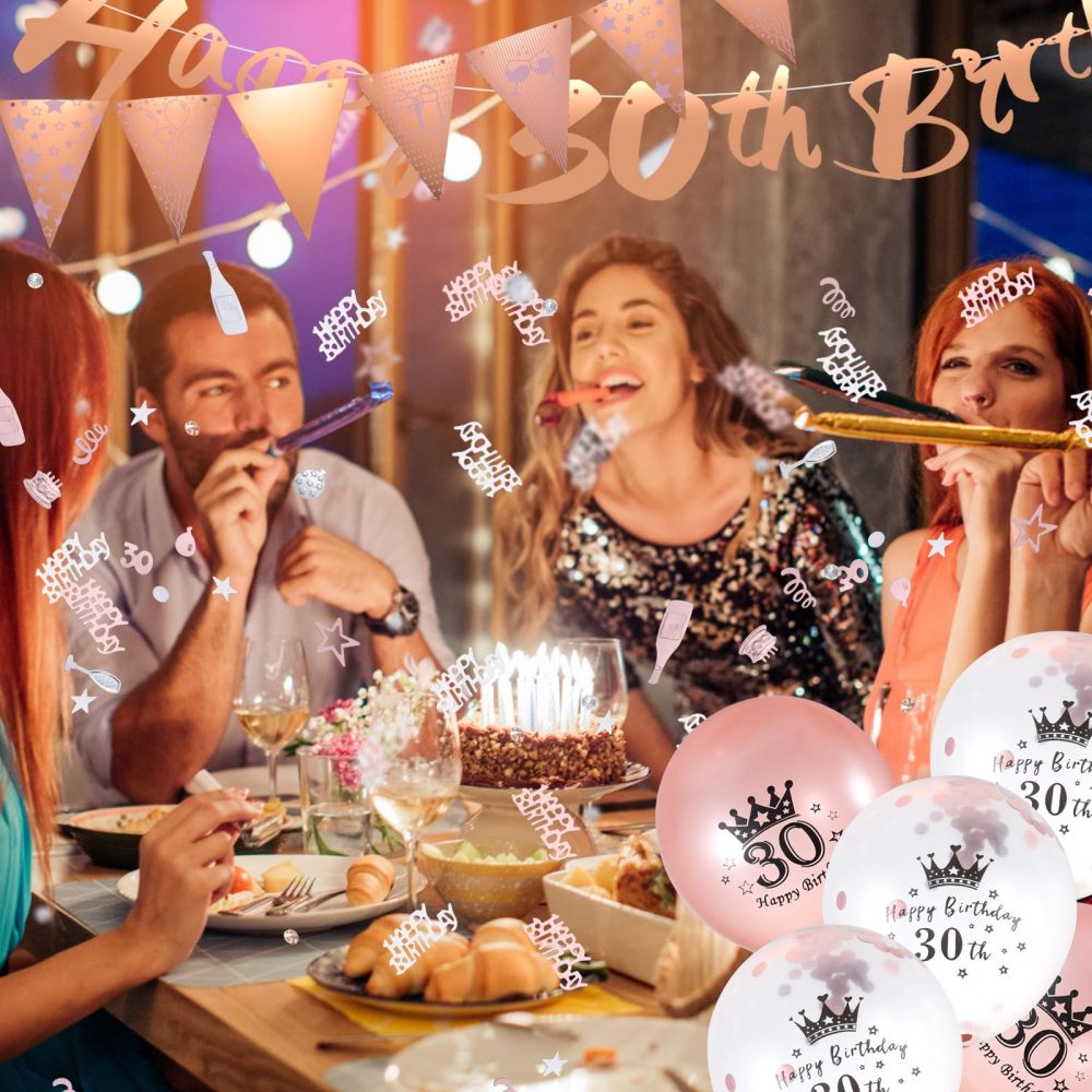 30th Birthday Decorations, Pink Gold 30 Birthday Balloons Set Include Happy 30th Birthday Banners Triangle Flag Banners Confetti Latex Balloons for Women and Men 30th Party Decoration Supplies - Image 3