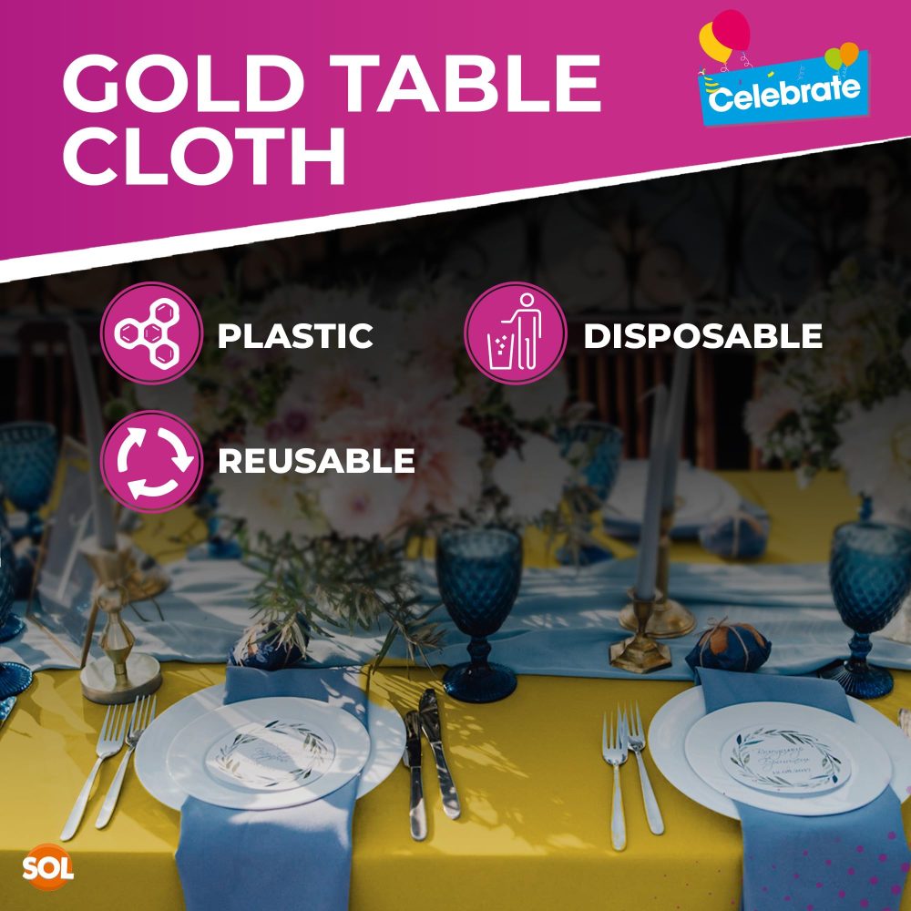 3pk Gold Table Cover | 121 x 121 cm Gold Party Table Cloth | Gold Plastic Table Cloth Gold Disposable Tablecloths For Parties Gold Table Cloths | Table Cover Gold Plastic Tablecloth | Gold Table Cloth - Image 5