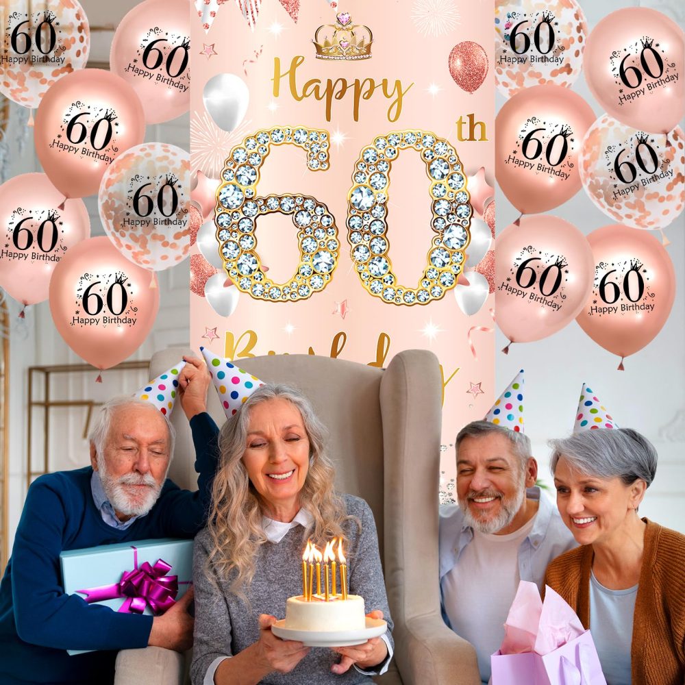 Rose Gold 60th Birthday Decorations Banner for Women, Happy 60th Birthday Door Banner with 18pcs 60th Balloons for Women 60th Birthday Anniversary Party Backdrop Decor Supplies Sign Porch Background - Image 6