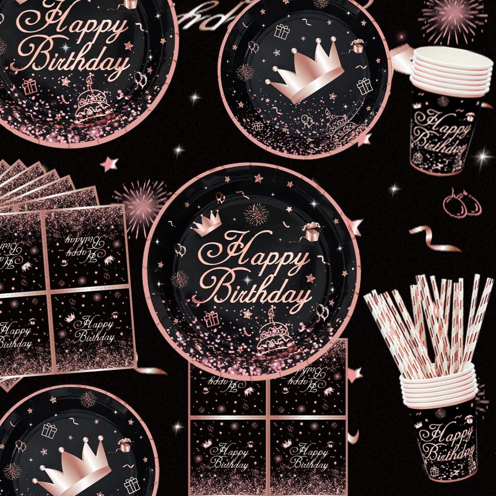 153 PCS Black and Rose Gold Party Decoration Black Rose Gold Dinnerware Set Rose Gold & Black Party Supplies Rose Gold and Black Birthday Party Set-Plates, Backdrop, Balloons, Tablecloth Serves 20 - Image 2