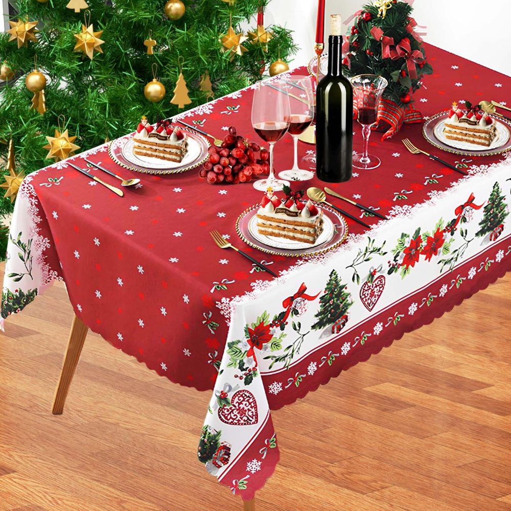 86.6 x 59inch Christmas Tablecloths Rectangular Christmas Table Cloth Washable Red Xmas Table Cover Stain-Resistant Christmas Tablecloths for New Year Decoration Xmas Party Home Decor to Sit 6 to10