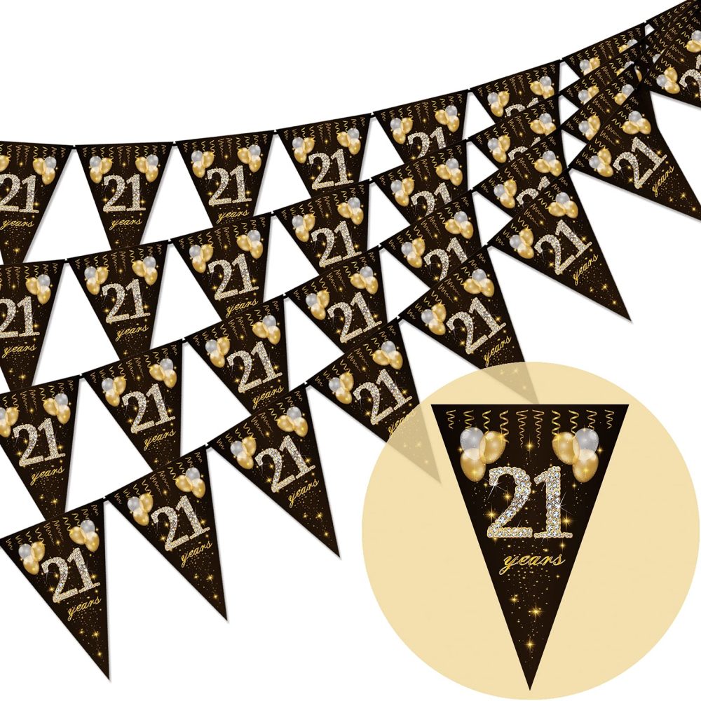 21th birthday bunting, Happy Banner Bunting Flags, 40 Pieces Triangle Gold Black Glitter Diamond by Numbers 21th Birthday Anniversary Theme Party Decoration Supplies