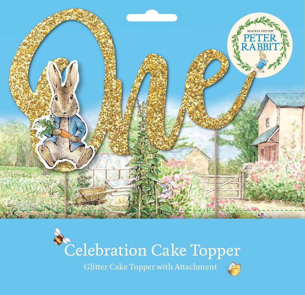 Anniversary House Official Beatrix Potter™ Peter Rabbit™ 1st Birthday One Gold Glitter Cake Topper with Attachment, Paper, Bamboo Picks, Premium Cake Decorations, Pack of 1, J003 - Image 3