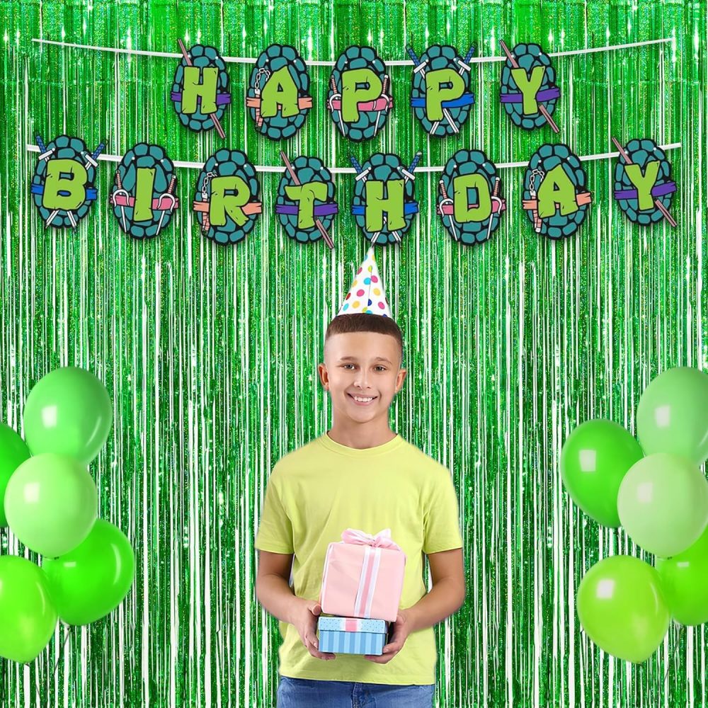 Green Tinsel Curtain Party Backdrop - GREATRIL Foil Fringe Curtain for Christmas/St Patrick’s Day/Luau/Hawaiian/Dinosaur/Jungle/Summer/Safari/Ghost/Birthday Party Decorations Theme Pack of 2 - Image 5