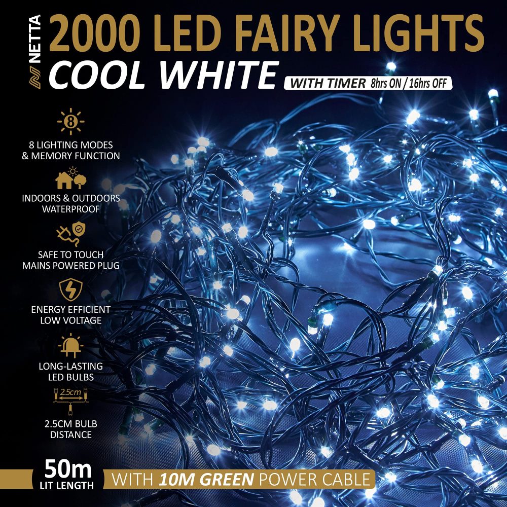 Christmas Tree Lights 2000 LED 50m Cool White - 2.5cm Bulb Distance Fairy String Lights Plug in with Timer and Memory Functions - Suitable for Outdoor/Indoor Use - Image 6