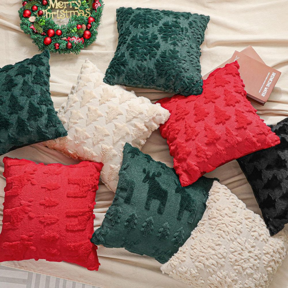 Lewondr Christmas Throw Pillow Cover 18x18, Set of 2 Super Soft Faux Fur Pillow Covers Velvet Christmas Tree Embroidery Decorative Throw Pillowcase for Living Room Bed Couch Sofa Car Home Decor, Red - Image 3