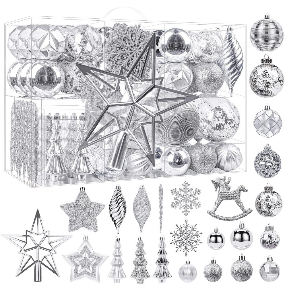 SHareconn 100pcs Christmas Tree Decorations Ornaments Set, Shatterproof Plastic Christmas Baubles Decorative Balls for Xmas Tree Decor Holiday Wedding Party, Silver